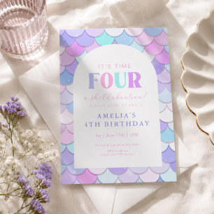 Pink Mermaid 4th Birthday Invitation