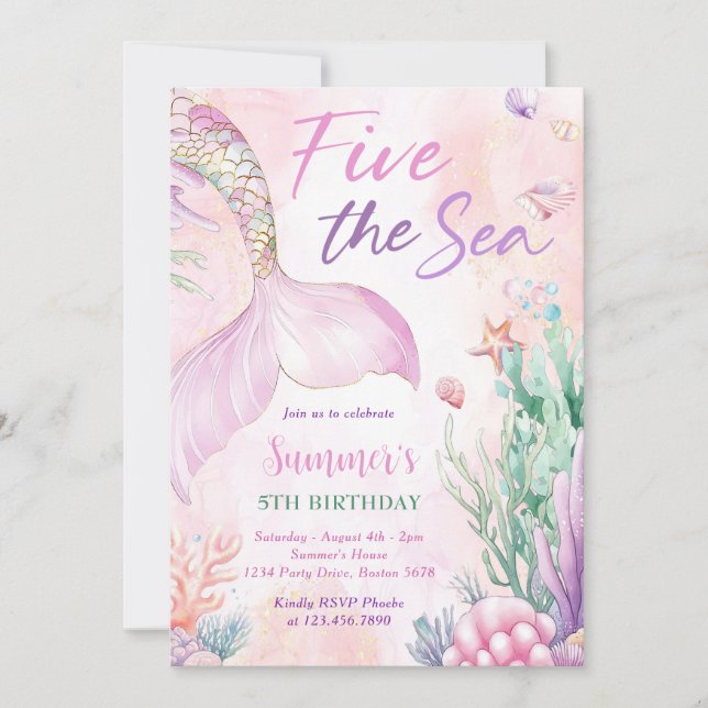 Pink Mermaid 5th Birthday Five the Sea Party  Invitation (Front)
