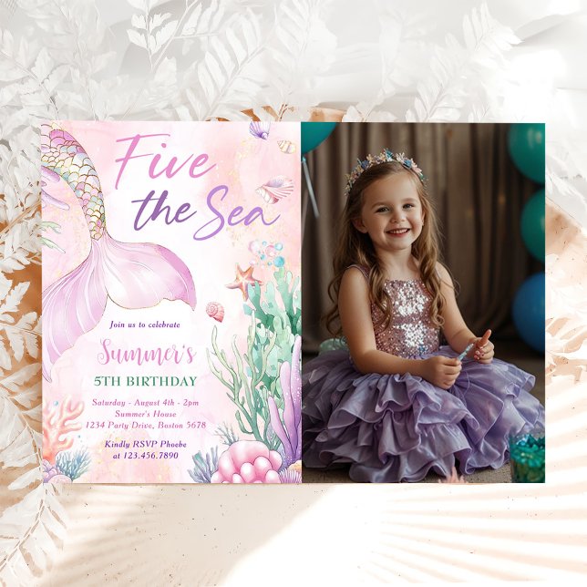 Pink Mermaid 5th Birthday Five the Sea Photo Invitation (Creator Uploaded)