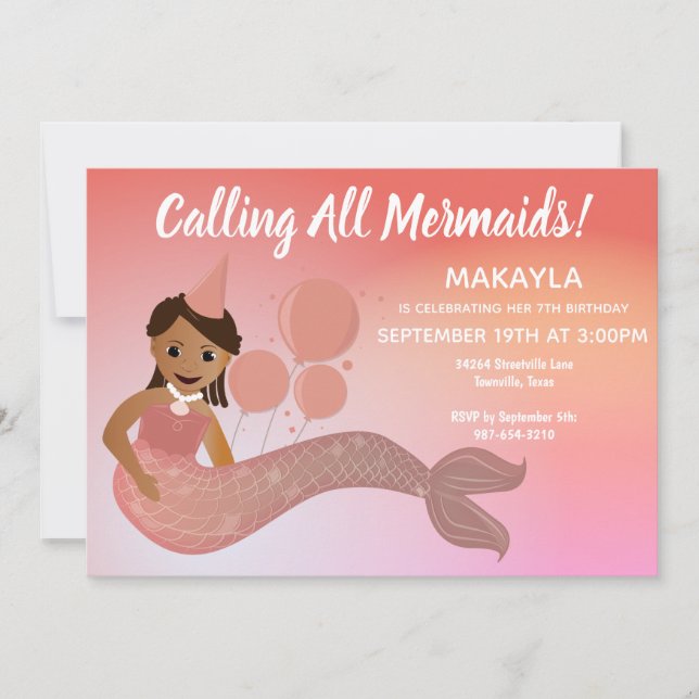 Pink Mermaid African American Birthday Party Invitation (Front)