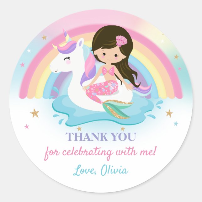 Pink Mermaid and Unicorn Pool Birthday Party Favou Classic Round Sticker (Front)