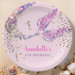 Pink Mermaid Birthday Paper Plates<br><div class="desc">Add a touch of enchantment to your little mermaid's special day with our customizable mermaid theme birthday paper plates! These plates feature a stunning pink background with a stylish gold-purple glitter print mermaid tail and seahorses that will transport your guests to an underwater paradise. These plates are fully customizable –...</div>