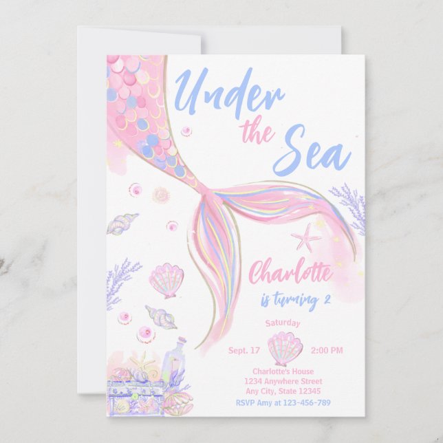 Pink Mermaid Birthday Party Under The Sea  Invitation (Front)