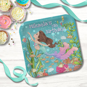 Pink Mermaid Brown Hair Under the Sea Birthday Paper Plate