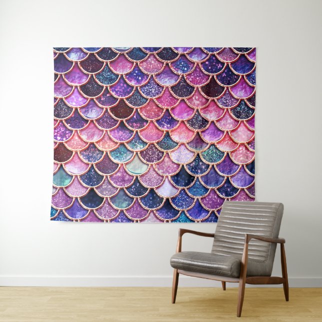 Pink Mermaid Glitter Scales- Mermaid Fish Scales Tapestry (In Situ (Horizontal))