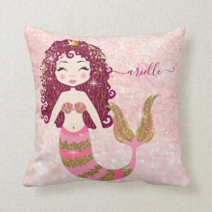 Pink Mermaid Gold Glitter Baby Girl Shower Name Throw Pillow