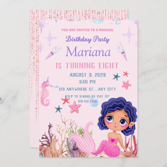  Pink Mermaid little Mermaid Magical party  Invitation (Front/Back)