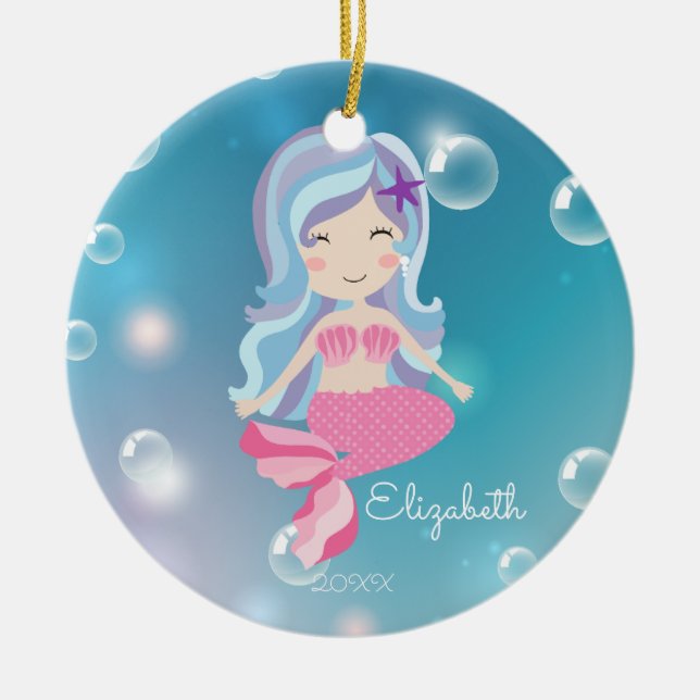Pink Mermaid Personalized Christmas Ornament (Front)
