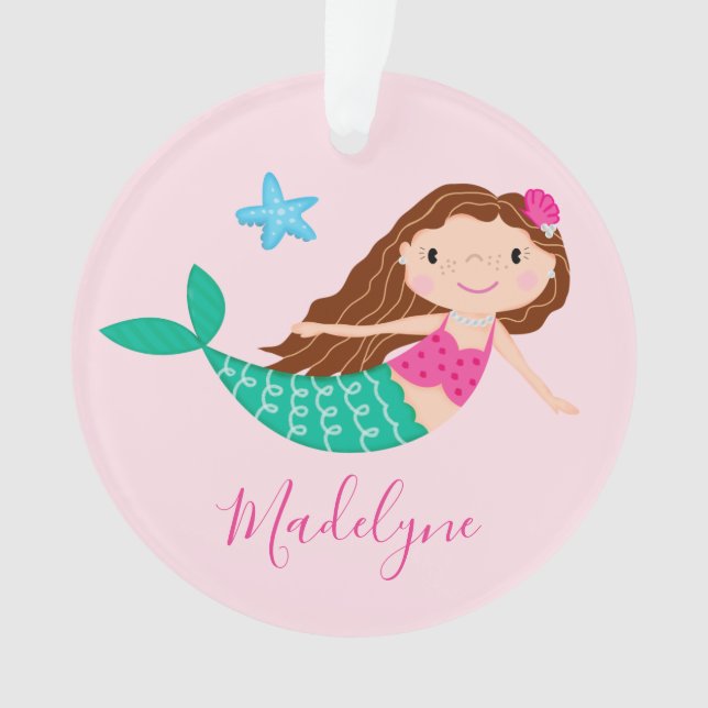 Pink Mermaid Personalized Script Name Ornament (Front)