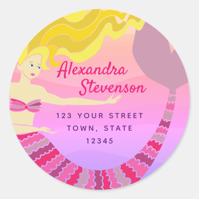 Pink Mermaid Return Address Classic Round Sticker (Front)