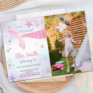 Pink Mermaid Tail Birthday Invitation with Photo