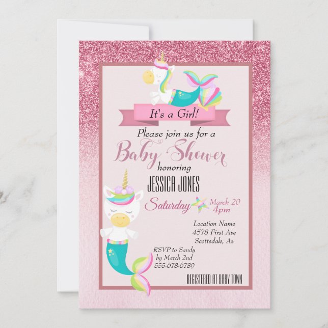 Pink Mermaid Unicorn Sparkle  Baby Shower Invite (Front)