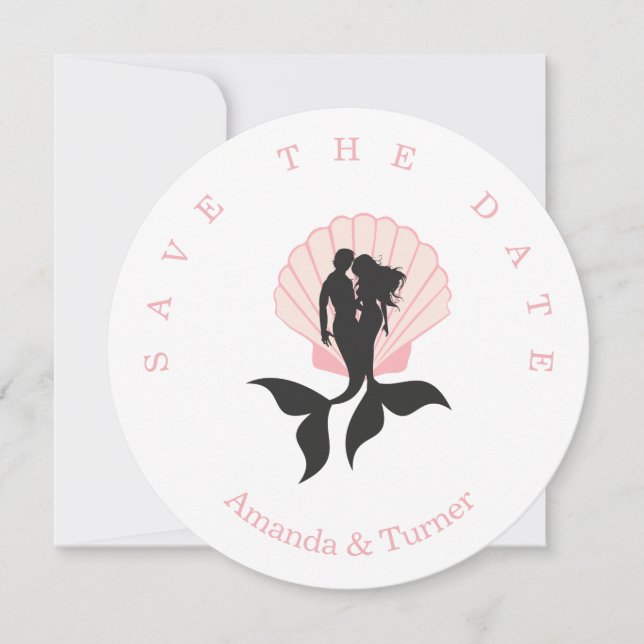 Pink Mermaids Couple on a Seashell Design Save The Date (Front)