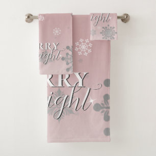 Pink Merry and Bright Snowflakes Christmas Bath Towel Set