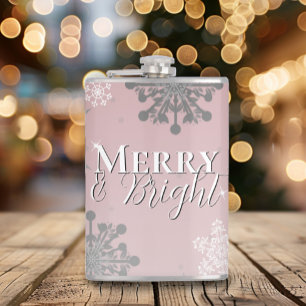 Pink Merry and Bright Snowflakes Christmas Hip Flask