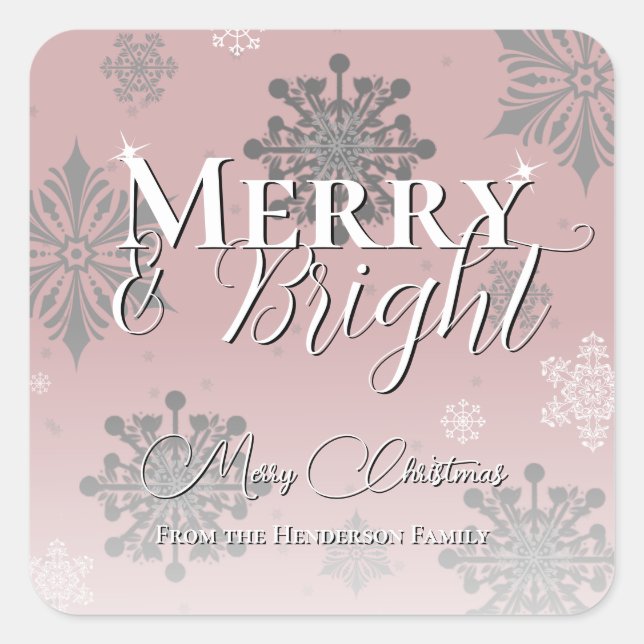 Pink Merry and Bright Snowflakes Christmas Square Sticker (Front)