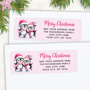 Pink Merry Christmas Cute Ice Skating Penguins