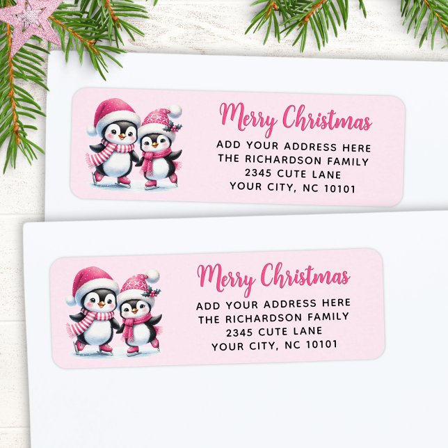 Pink Merry Christmas Cute Ice Skating Penguins (Creator Uploaded)