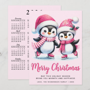 Pink Merry Christmas Cute Ice Skating Penguins Holiday Card