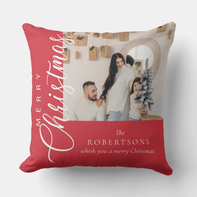 Pink Merry Christmas Photo Throw Pillow (Front)