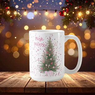 Pink "Merry" Christmas Pink Pine Tree Customized Coffee Mug
