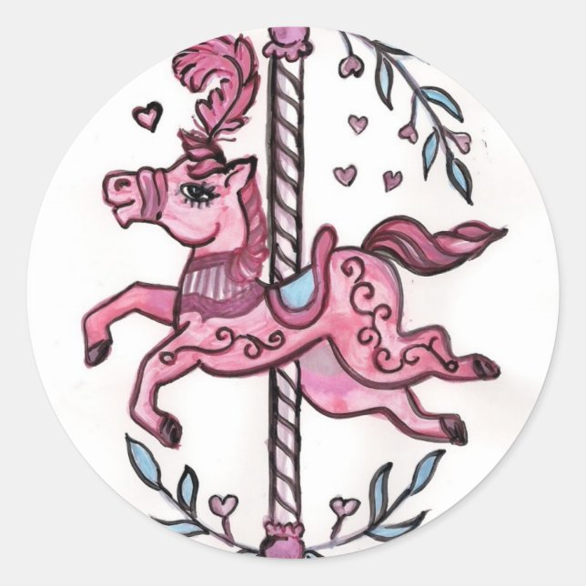 Pink merry-go-round horsie classic round sticker (Front)