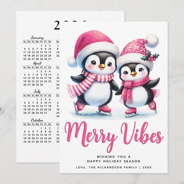 Pink Merry Vibes Ice Skating Penguins Christmas Holiday Card (Front/Back)