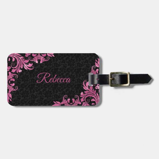 Pink Metal Lace Black Damasks Luggage Tag (Front Horizontal)