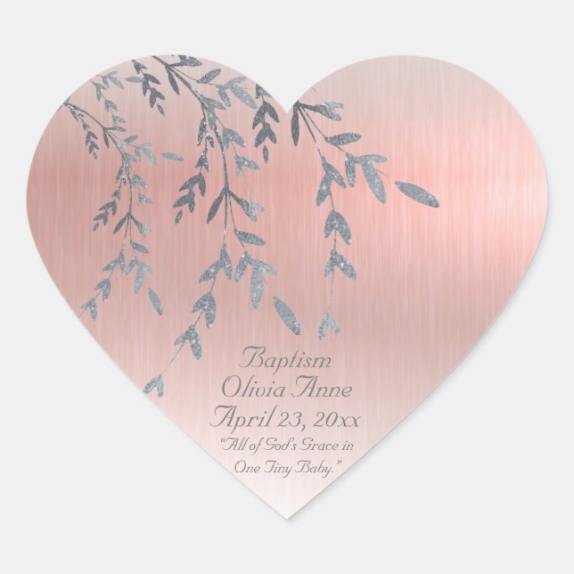 Pink Metallic Baby Girl Name Date Glitter Baptism Heart Sticker (Front)