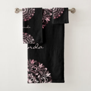 Pink Metallic Black   Floral Mandala   Monogram Bath Towel Set