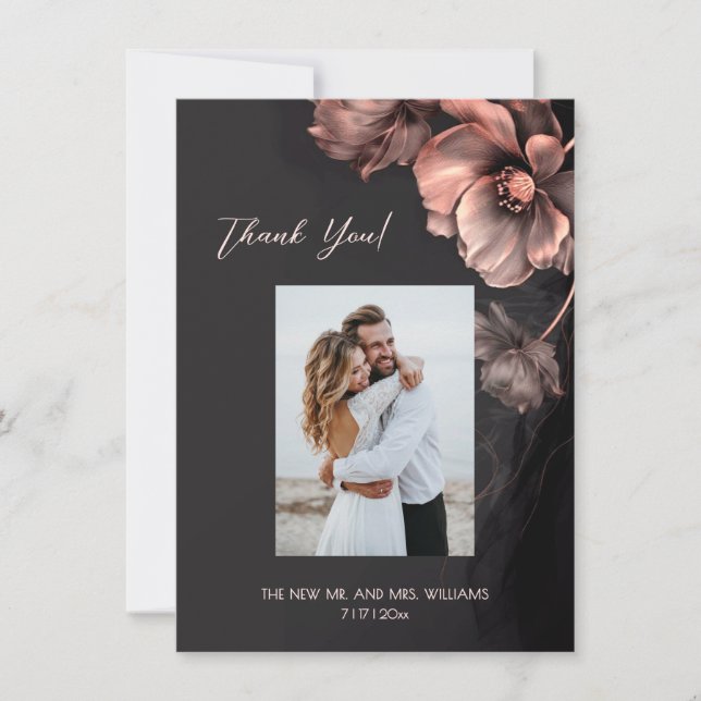 Pink Metallic Black Floral Wedding Thank You (Front)