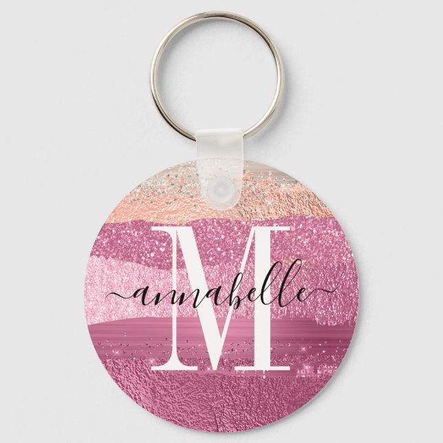 Pink Metallic Brushed Glitter Sparkle Monogram Keychain (Front)