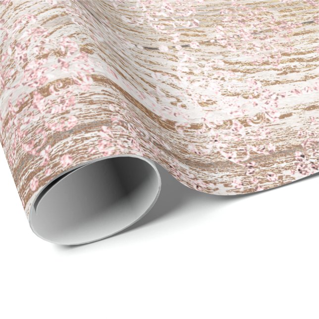 Pink Metallic Damask Rose Gold Foxier Wood Rustic Wrapping Paper (Roll Corner)