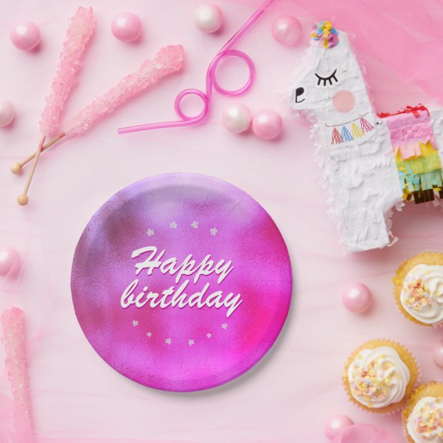 Pink Metallic Foil Star Girly Happy Birthday Paper Plate (Party)