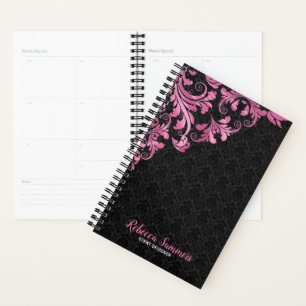 Pink Metallic Lace Black Damask Planner