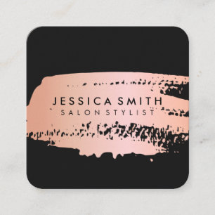 Pink Metallic Rose Gold and Black Brush Square Business Card