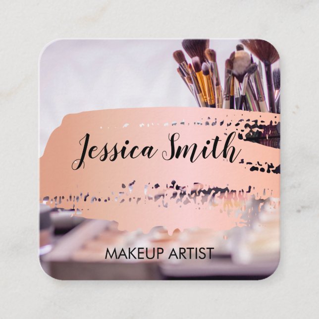 Pink Metallic Rose Gold Brush | Makeup Artist Square Business Card (Front)