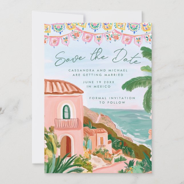 Pink Mexican Beach Town Destination Wedding Save The Date (Front)