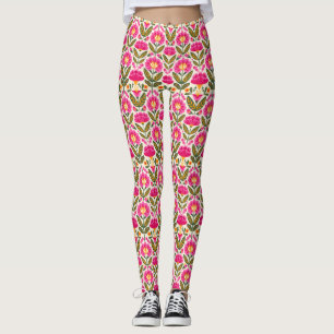 Pink Mexican Talavera Flowers BOHO Chic Floral  Leggings