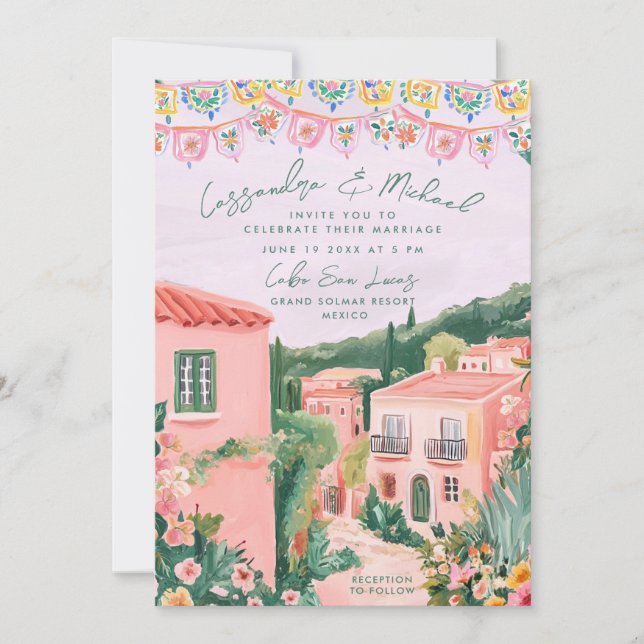 Pink Mexican Town Destination Wedding Invitation (Front)