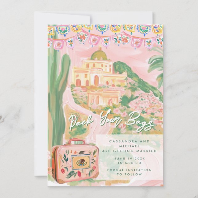 Pink Mexican Town Destination Wedding Save The Date (Front)