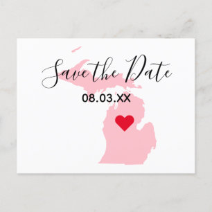 Pink Michigan Red Heart Save the Date Announcement Postcard