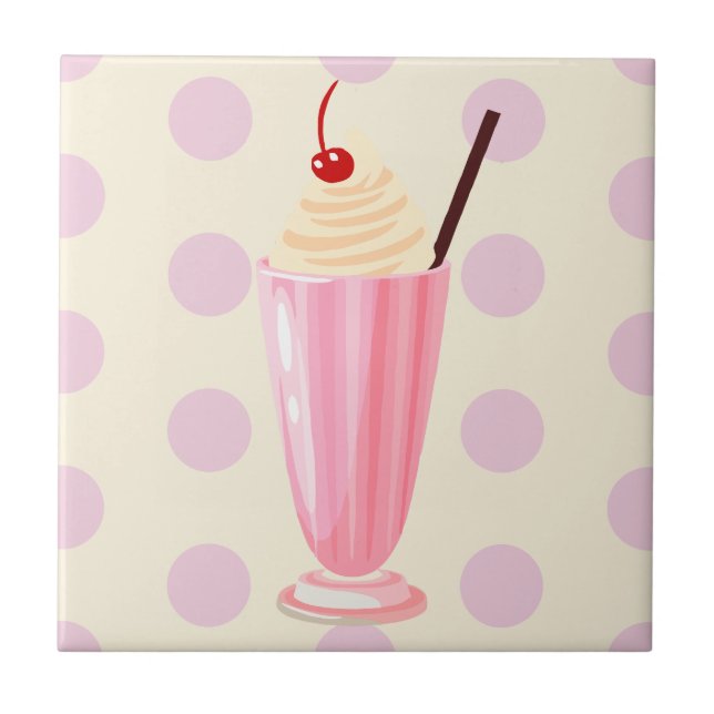 Pink Milkshake and Polka Dots Ceramic Tile (Front)
