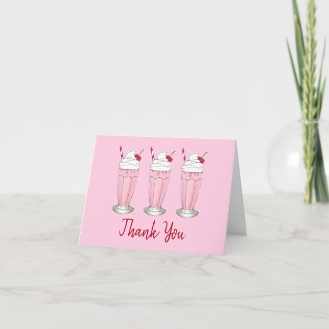 Pink Milkshake Ice Cream Social Birthday Party Thank You Card (Front)