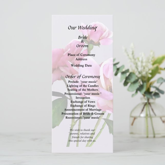 Pink Miniature Roses Wedding Supplies Program (Standing Front)