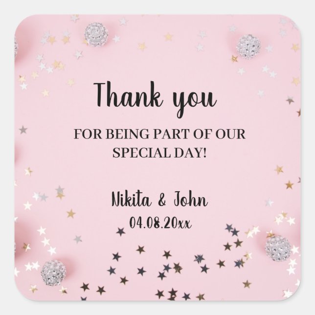 Pink minimal calligraphy couple wedding thank you  square sticker (Front)