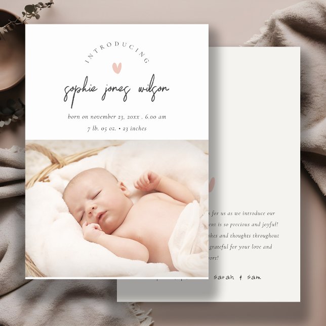 Pink Minimal Heart Script Photo Birth Announcement (Creator Uploaded)