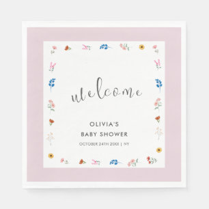 Pink Minimal Wildflower Baby Shower Welcome Napkin