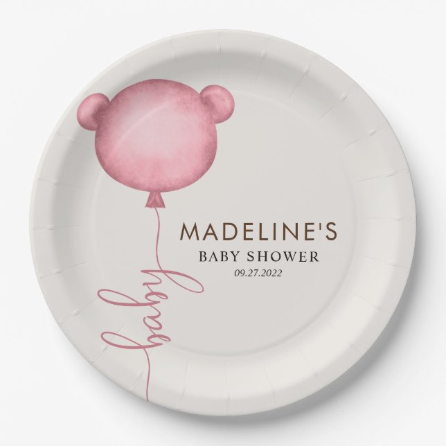 Pink Minimalist Bear Balloon Baby Shower Paper Plate (Front)