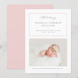 Pink Minimalist Borders Script Photo Baby Birth Announcement